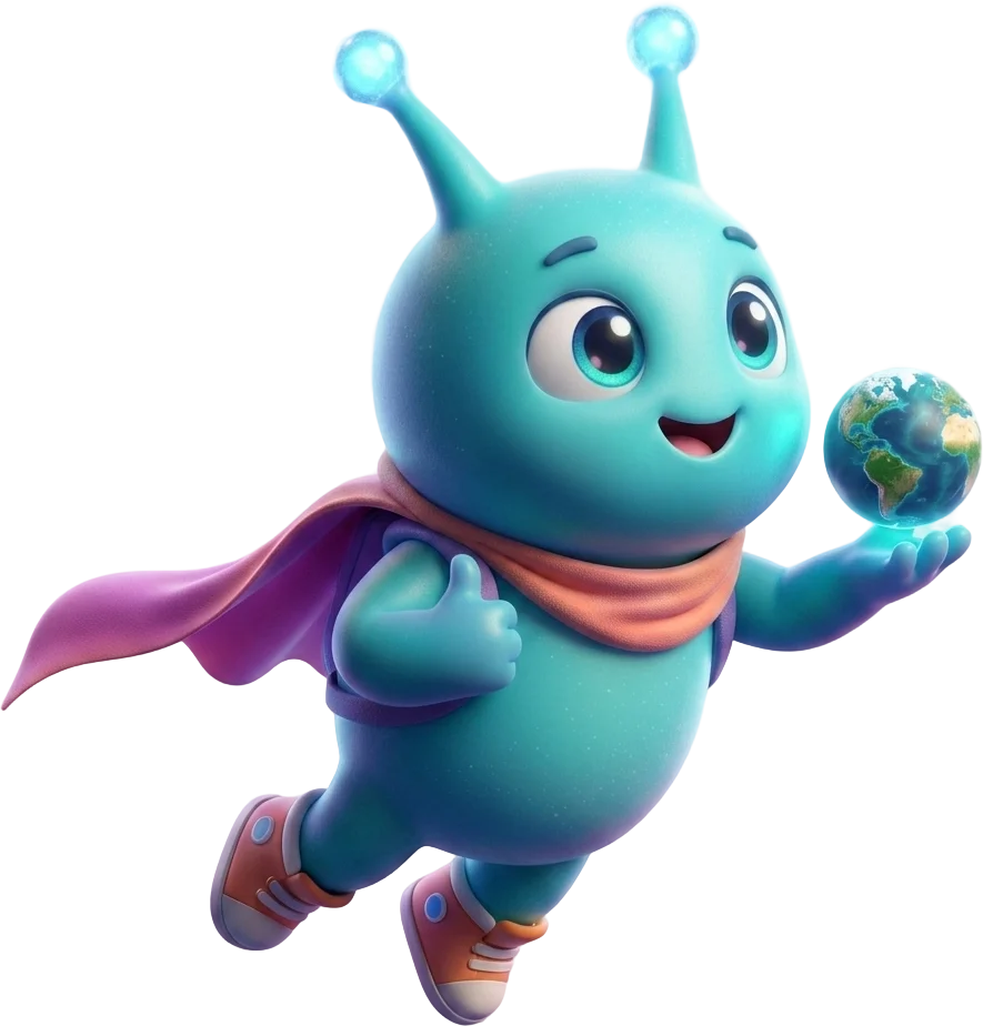Vigxo, the vigxo mascot, floating in space holding a glowing holographic Earth globe and giving a thumbs-up